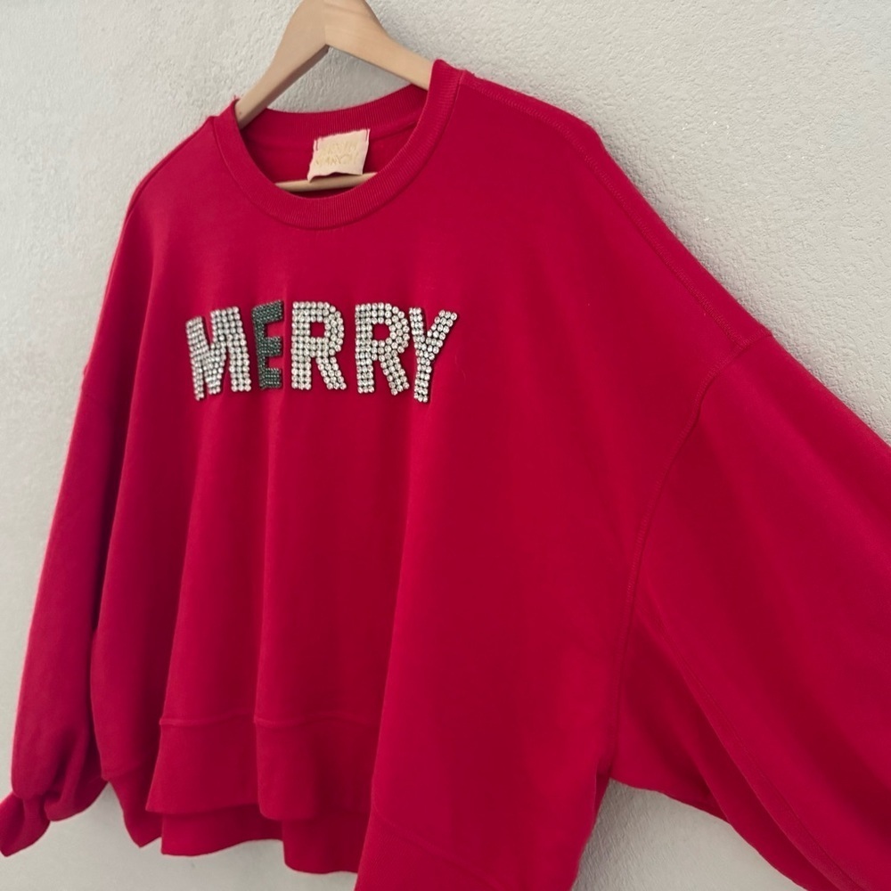 Judith March MERRY Rhinestone Sweatshirt Large Red Green Holiday Festive Fun - Picture 7 of 11